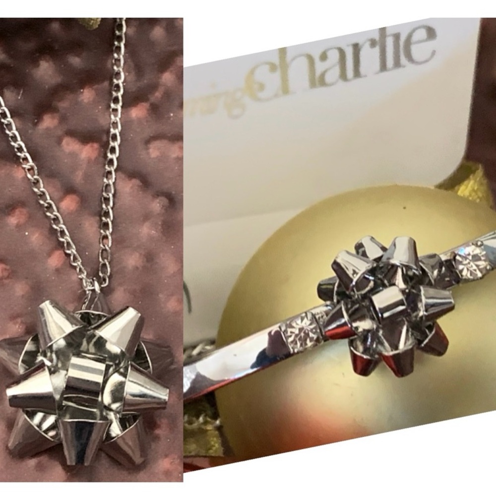 Charming Charlie Silver Christmas Bow Necklace & Matching Bangle Bracelet NWT
